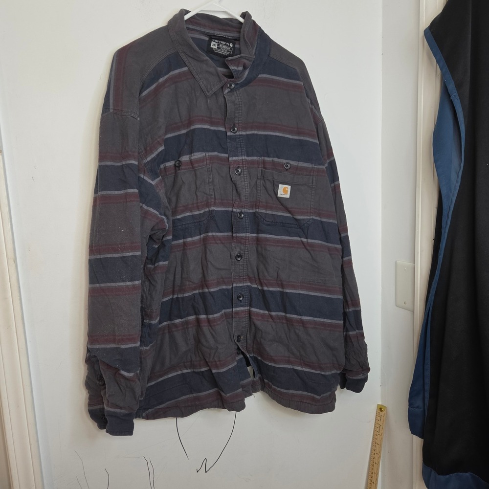 Carhartt Rugged Flex Flannel Shirt Mens 3XL Relaxed Fit Striped Fleece Line Gray